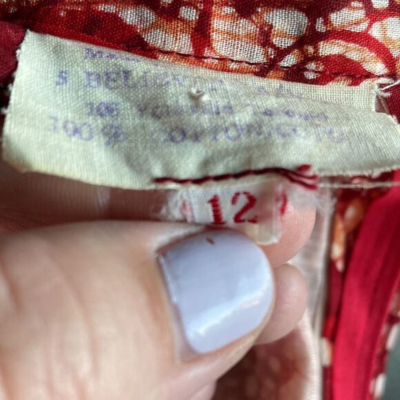 100% Cotton Red Batik Modest High Neck Floor Length Ruffled Maxi Dress Malaysian - Picture 11 of 11